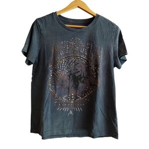 Lucky Brand Women's L Studded Graphic Short Sleeve Distressed Look Tee Boho